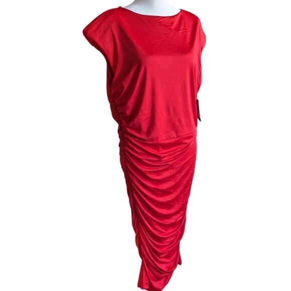 Sofia Vergara Red Ruched Dress Bodycon Midi Sheath Cut Out Women XL Stretch plus - Picture 3 of 13